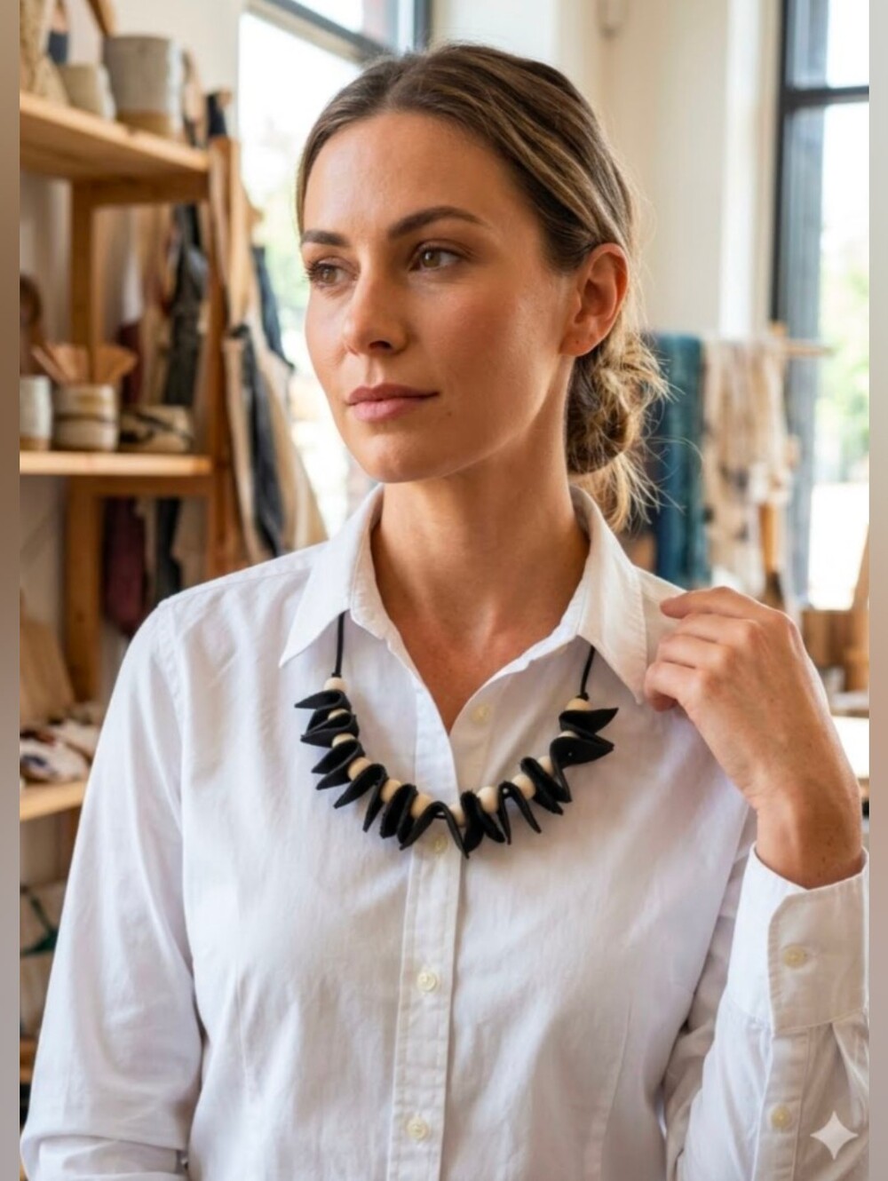 Handmade Genuine Leather Natural Wood Necklace Choker Bracelet Black #02